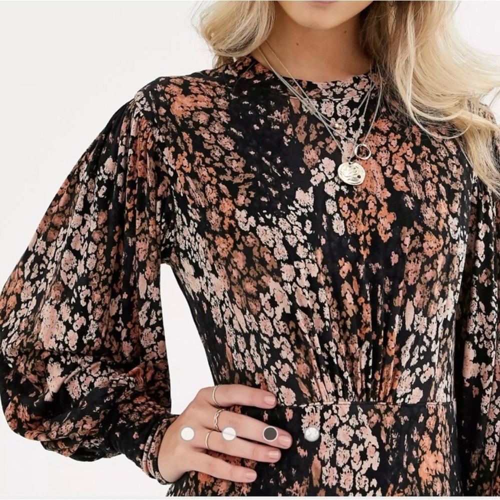 Free People Black Floral Mini Dress with Brown and Cream Accents - Picture 3 of 11
